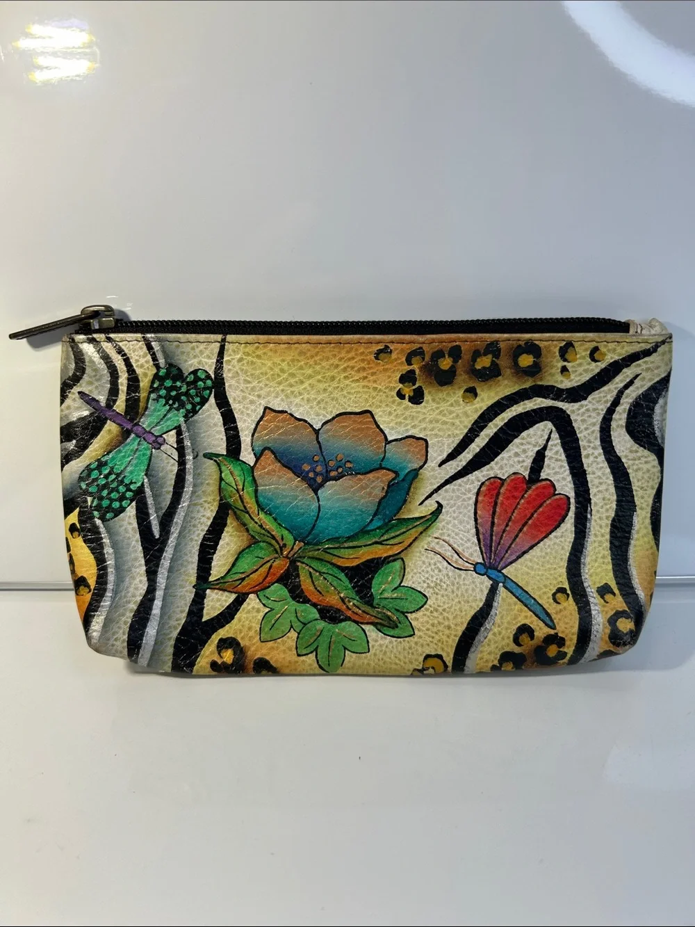 Anuschka Genuine Hand Painted Leather Floral Theme Zipper Pouch