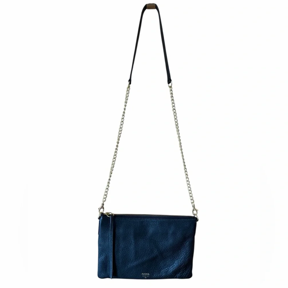FOSSIL‎ BLACK LEATHER GOLD CHAIN CROSSBODY HANDBAG SHOULDER BAG PURSE