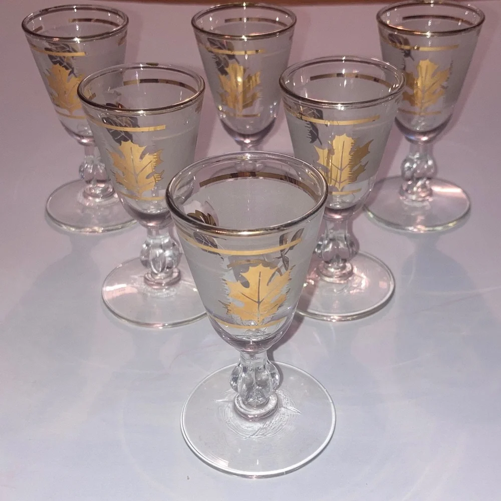 Libbey’s Frosted Gold Plated Leaf Stemmed Vintage Shot Glasses Bundle of 6