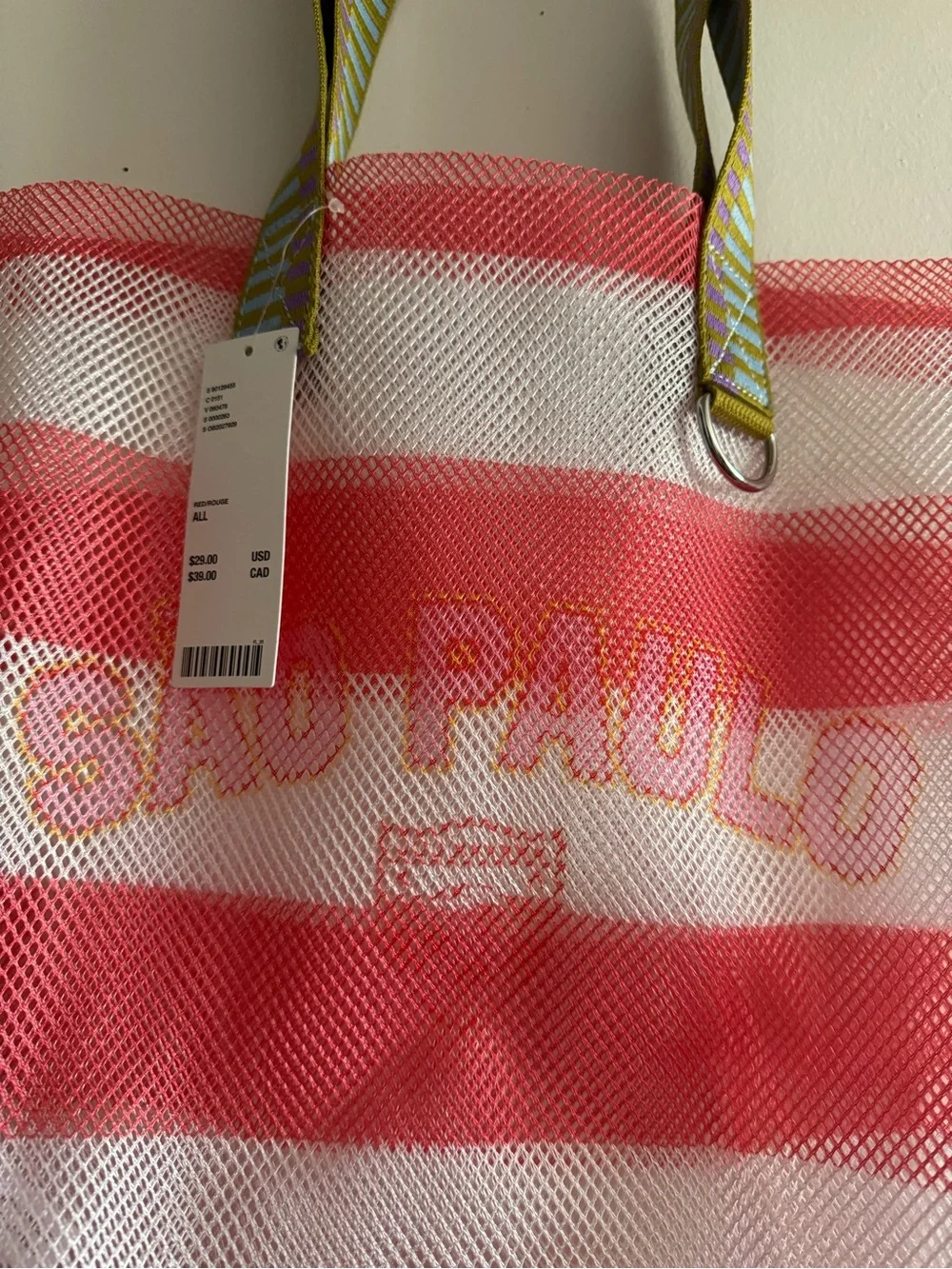 Summer Beach Ready São Paulo Pink & White Striped Mesh Tote w/add-on pouch. NWT.