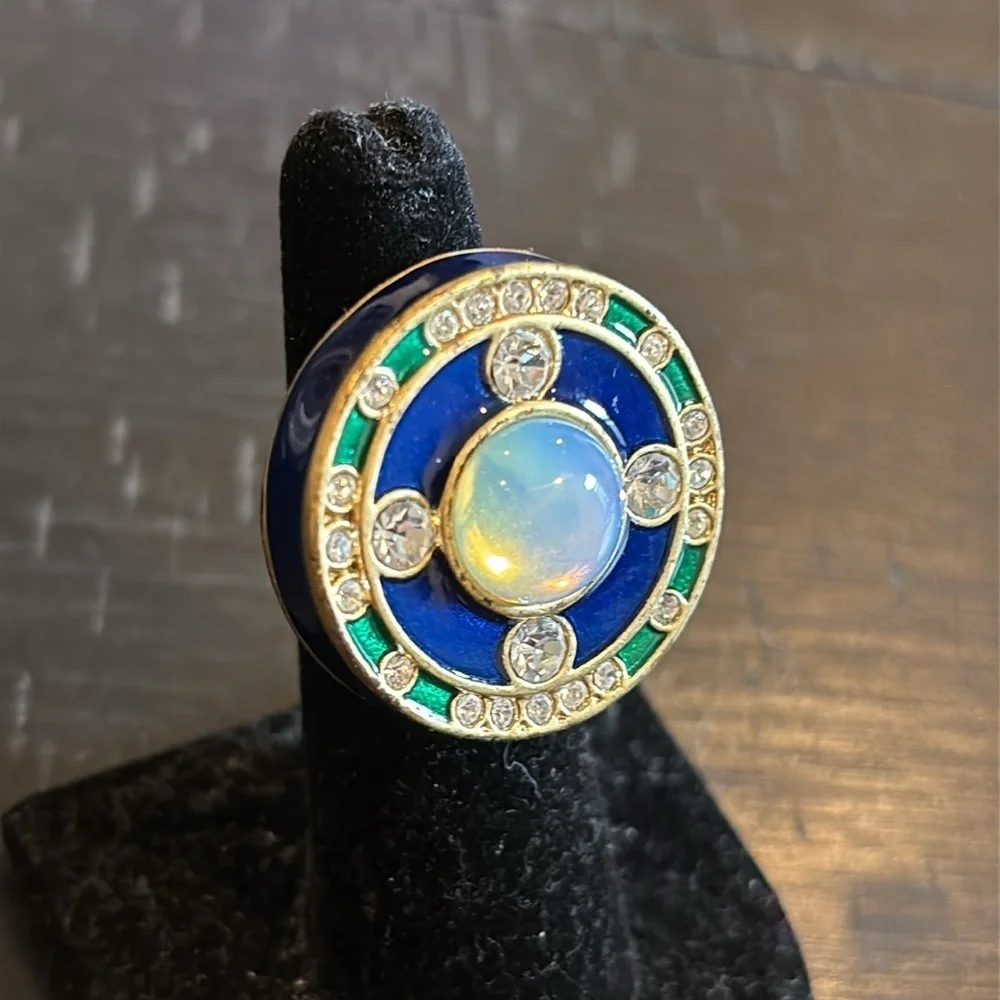 Lia Sophia Royal Blue Elegant Gold Green Statement Enamel Rhinestone Ring
