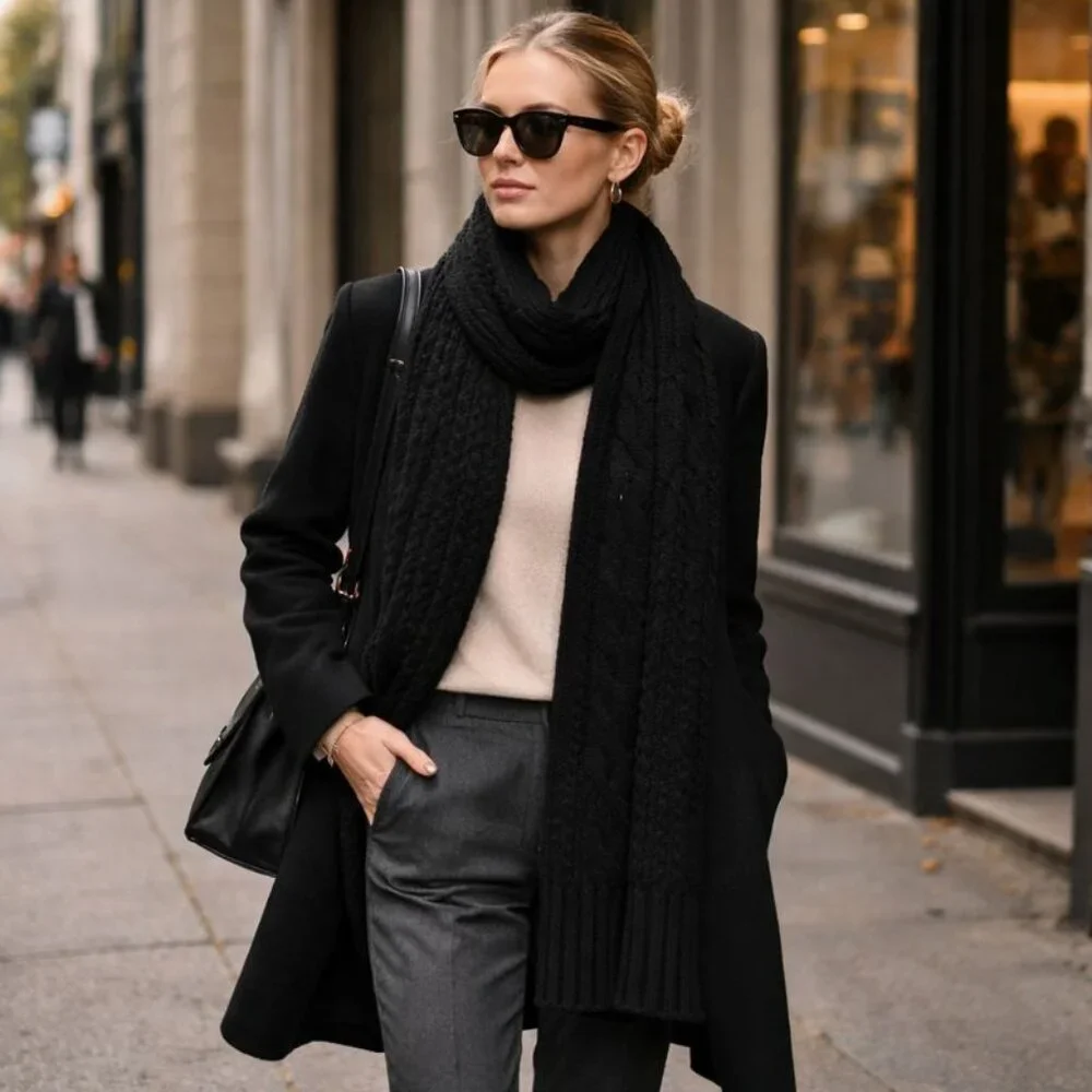 Soia & Kyo Black Cable Knit Wool Blend Scarf Wrap – One Size