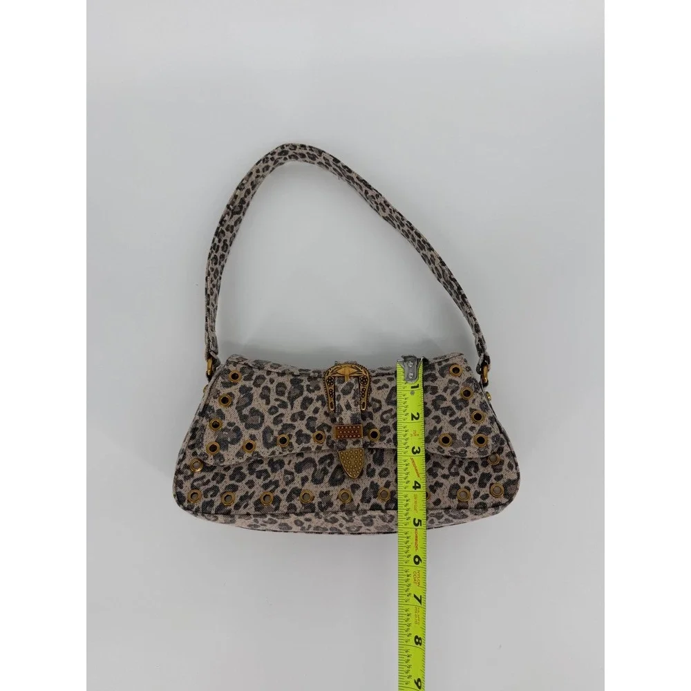 Betsey Johnson Leopard Print Baguette Shoulder Bag Grommet Western Buckle Tan