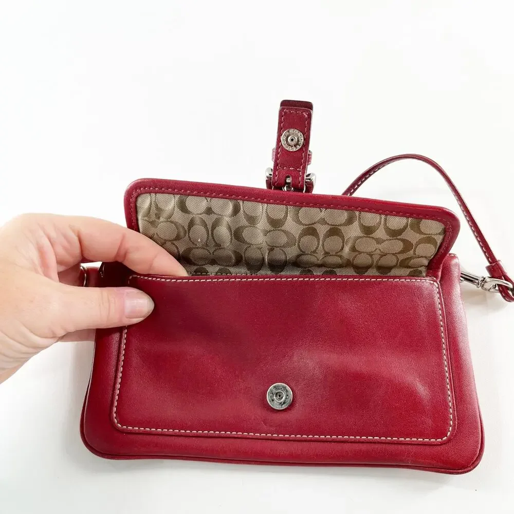 Coach Leather Flap Wristlet Wallet Red