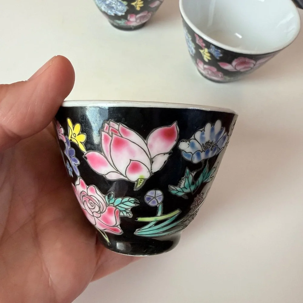 Jingdezhen Famille Noire Tea Cups - Set of 3 Hand-Painted Black Porcelain Floral