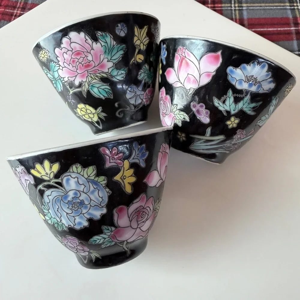 Jingdezhen Famille Noire Tea Cups - Set of 3 Hand-Painted Black Porcelain Floral