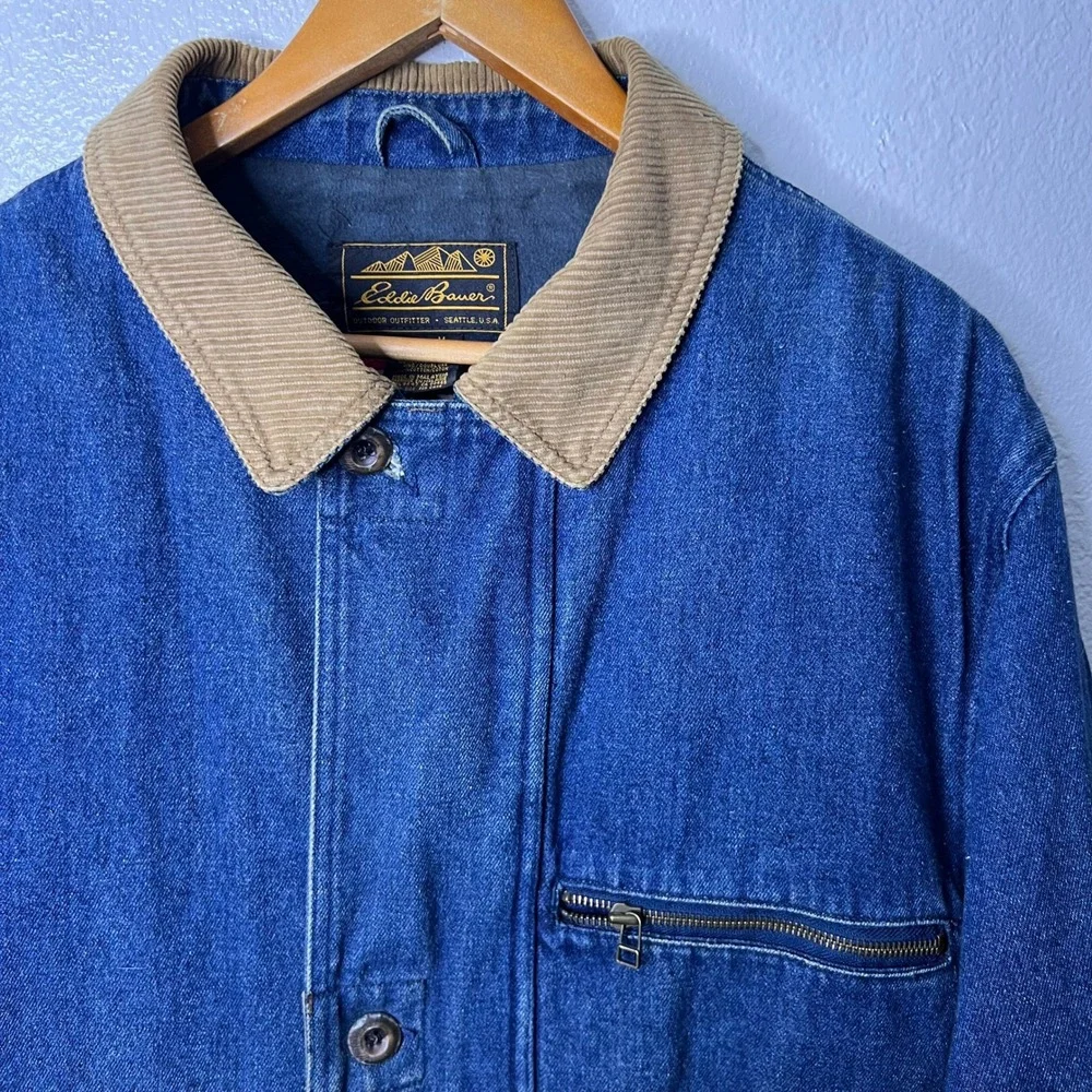 Vintage Eddie Bauer Denim Barn Chore Coat Blue Corduroy Flannel Lined Men Medium