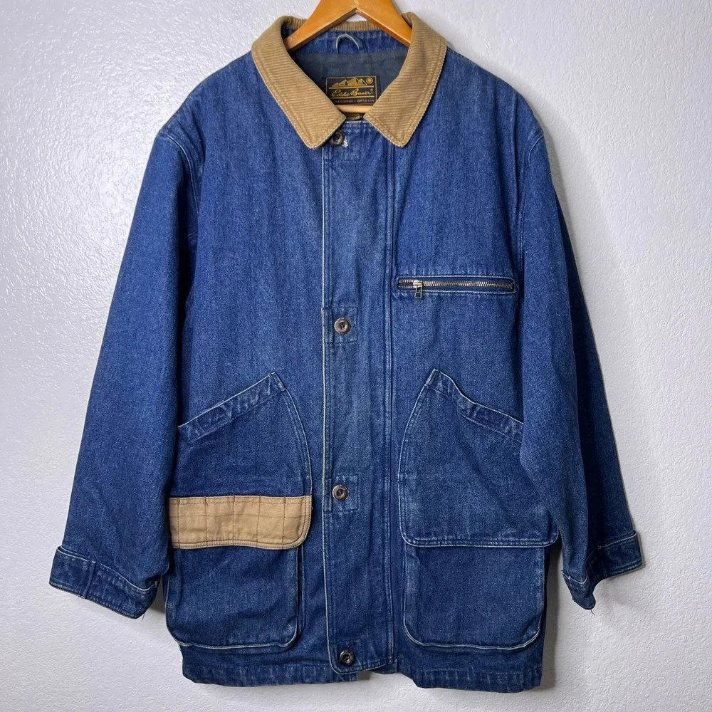 Vintage Eddie Bauer Denim Barn Chore Coat Blue Corduroy Flannel Lined Men Medium