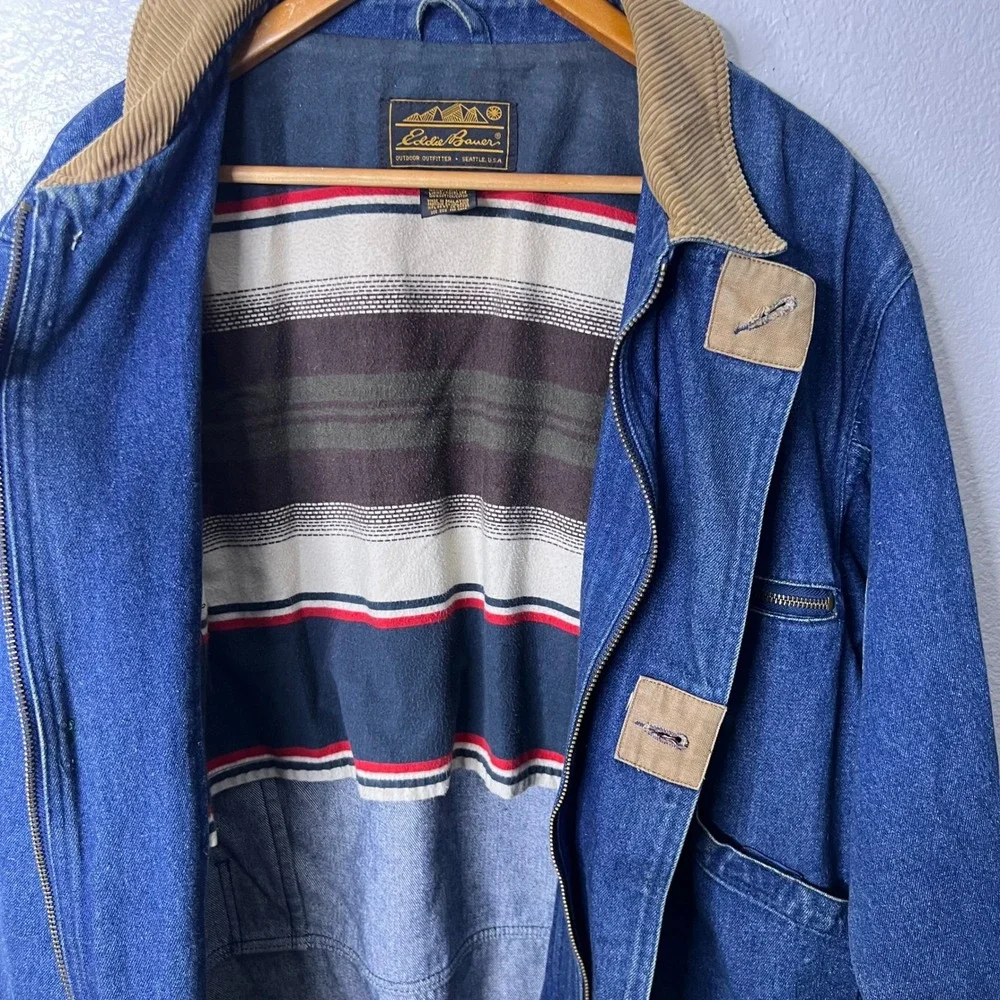 Vintage Eddie Bauer Denim Barn Chore Coat Blue Corduroy Flannel Lined Men Medium