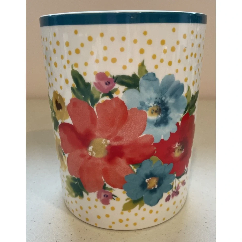 Breezy Blossom Crock Utensil Holder Pioneer Woman Floral Yellow Polka Dot 6
