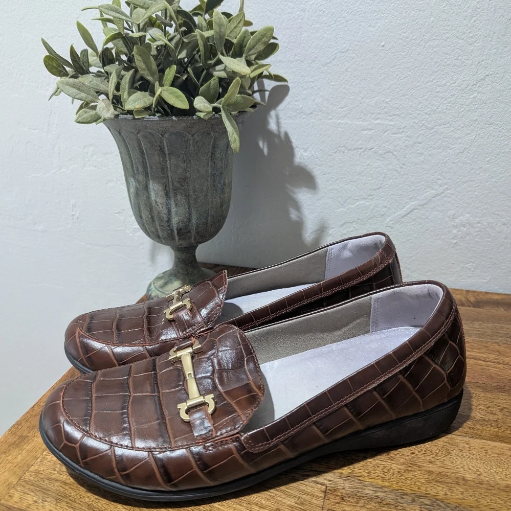 Aravon Womens Abbey Bit Loafer Brown Croco CI1064 Size 10-41.5‎