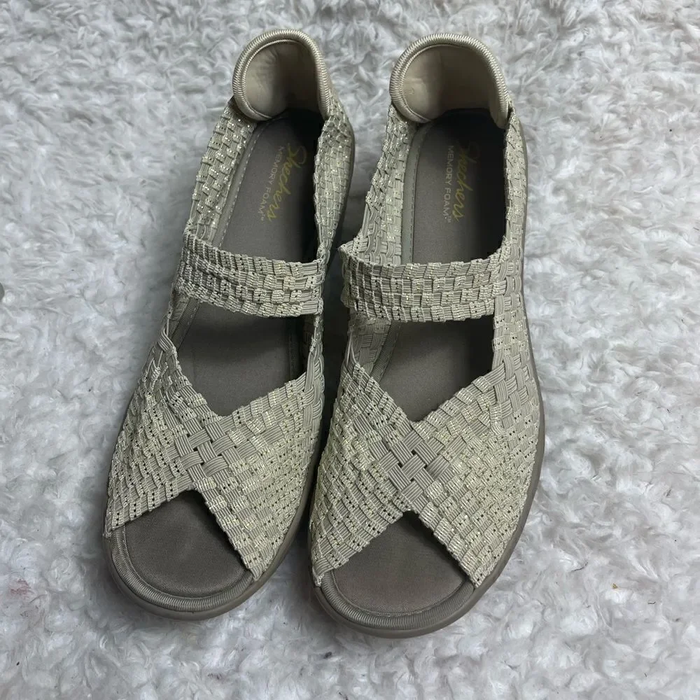 Skechers Parallel Beige /Gold Weave Wedge Peep Toe Sandals Shoes SZ9.5