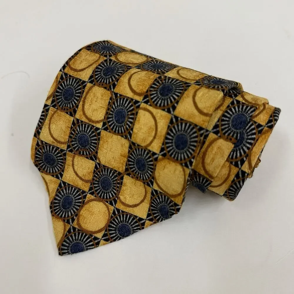 Ermenegildo Zegna Gold Navy Geometric Medallion Silk Tie Made in Italy Disegno