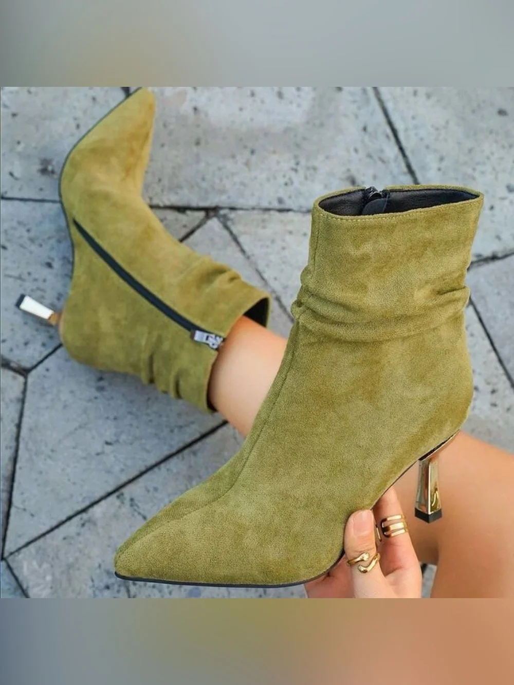 Olive Green Suede Pointed Toe Ankle Boots with Metallic Heel
