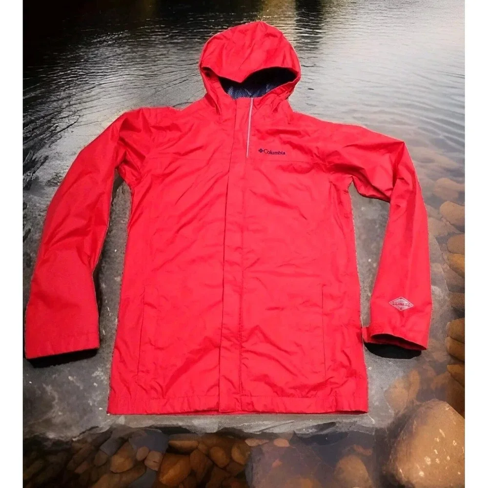 Columbia Rain Jacket Boys Large Red Excellent Packable Omni-Tech Waterproof Hood