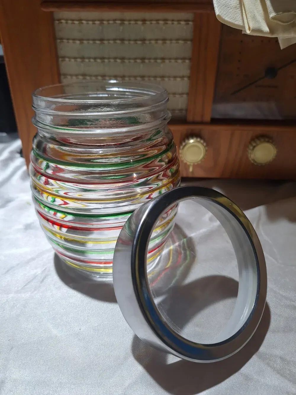 Vintage Ribbed Glass Canister Jar Multicolor Stripes Metal Screw Lid Kitchen