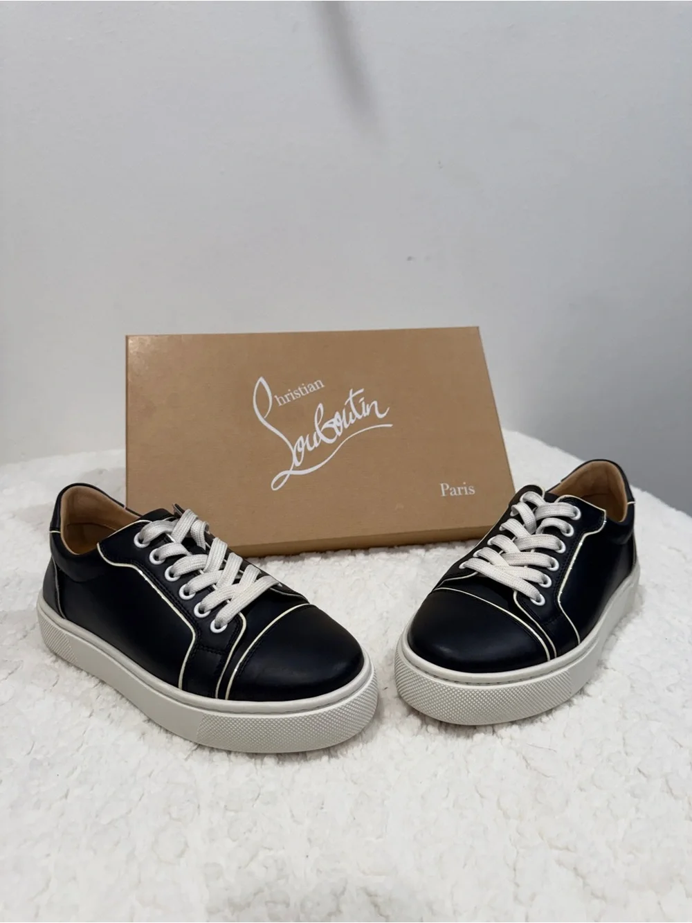 Women’s Christian Louboutin Black and White Low-Top Sneakers with Red Sole