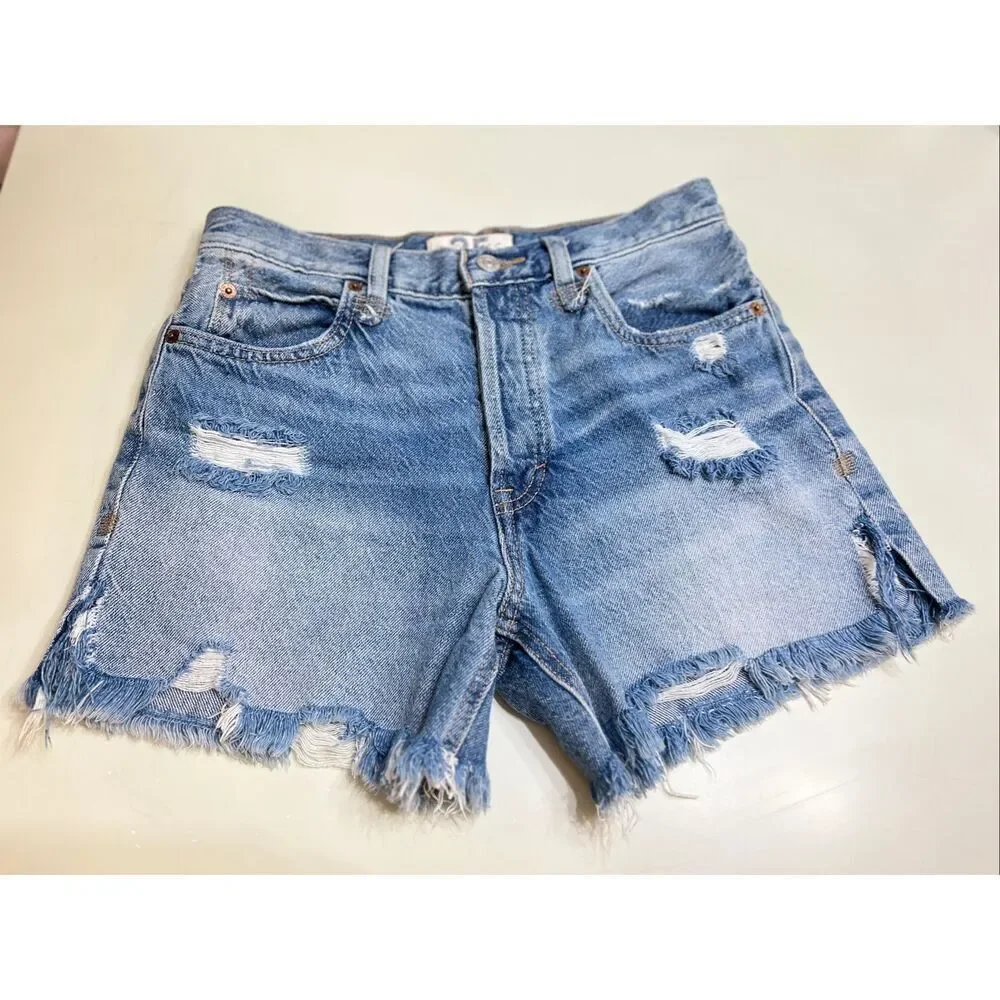 Free People We The Free Women's Button Fly Distressed Denim Shorts Blue Size 25