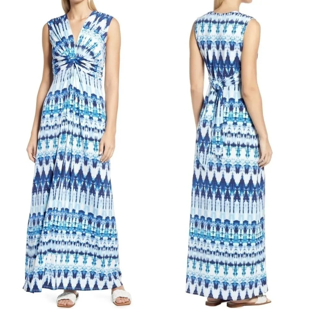 NWT Eliza J Twist Front Tie Dye Sleeveless Knit Maxi Dress in Blue Sz. 6