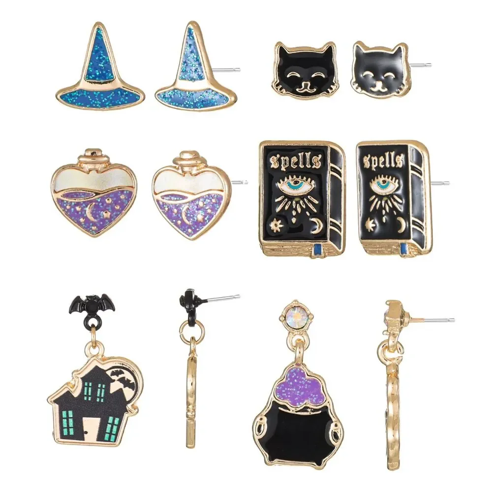 Way to Celebrate Halloween Motif Earrings, Multicolored, Goldtone, 6 Pairs