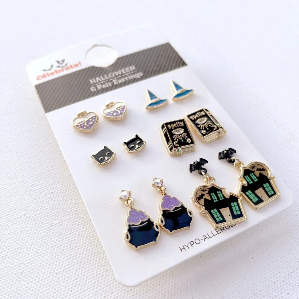 Way to Celebrate Halloween Motif Earrings, Multicolored, Goldtone, 6 Pairs