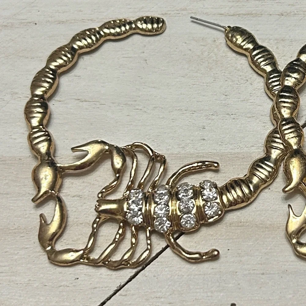 4” OversizedGold Tone Scorpion Hoop Earrings w/ Rhinestones – Zodiac / Statement