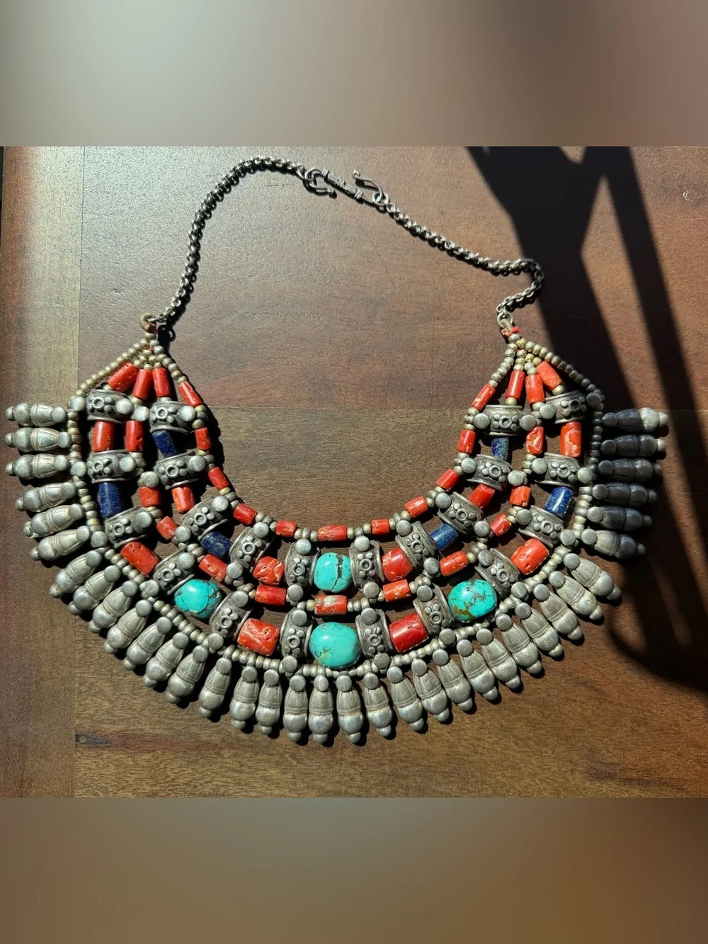 Vintage Tibetan Handcrafted Turquoise, Coral & Lapis Statement Bib Necklace