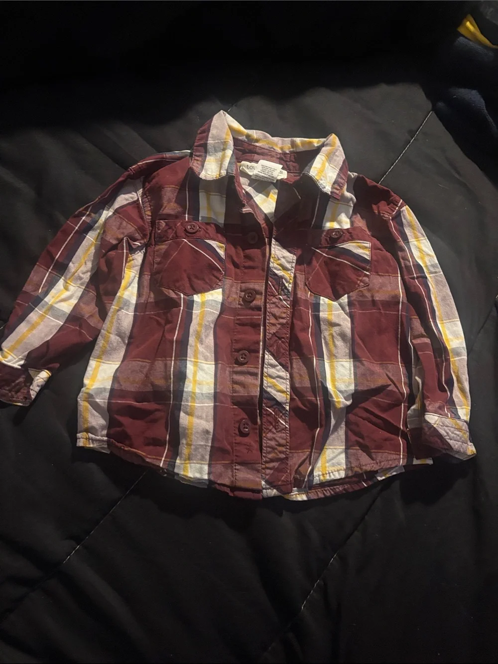 Toughskins Burgundy Plaid Button-Down Shirt with Yellow & White Stripes