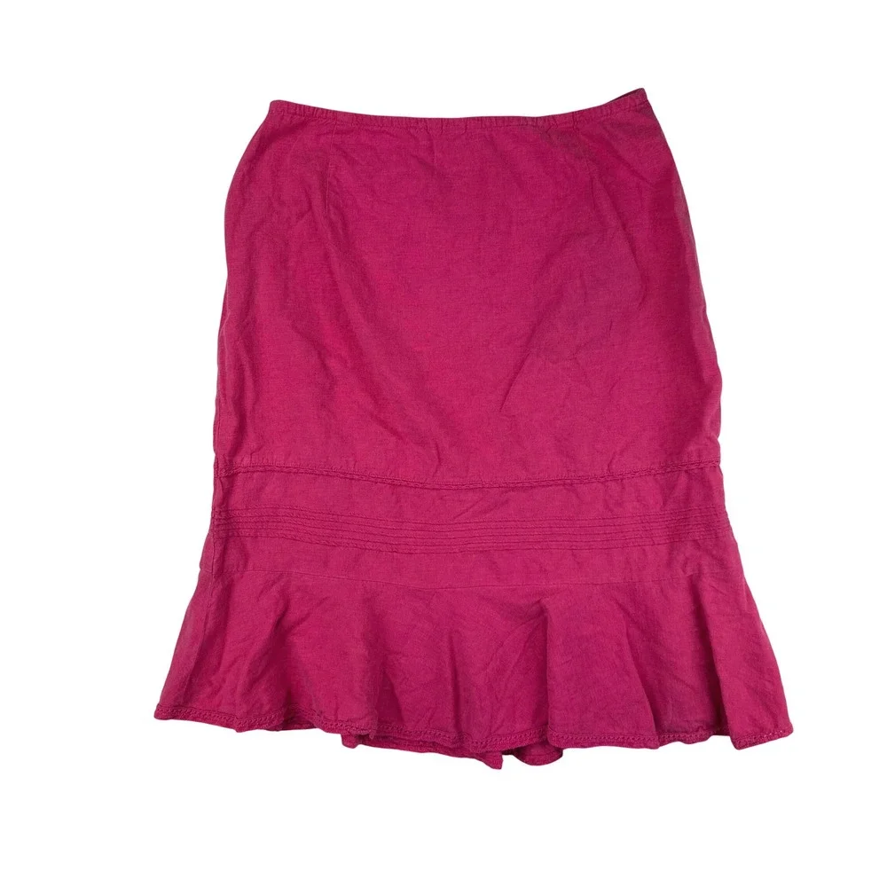 Pink Linen Blend Ruffle Midi Skirt 10‎ Summer Chic Bohemian Y2K Feminine Fairy