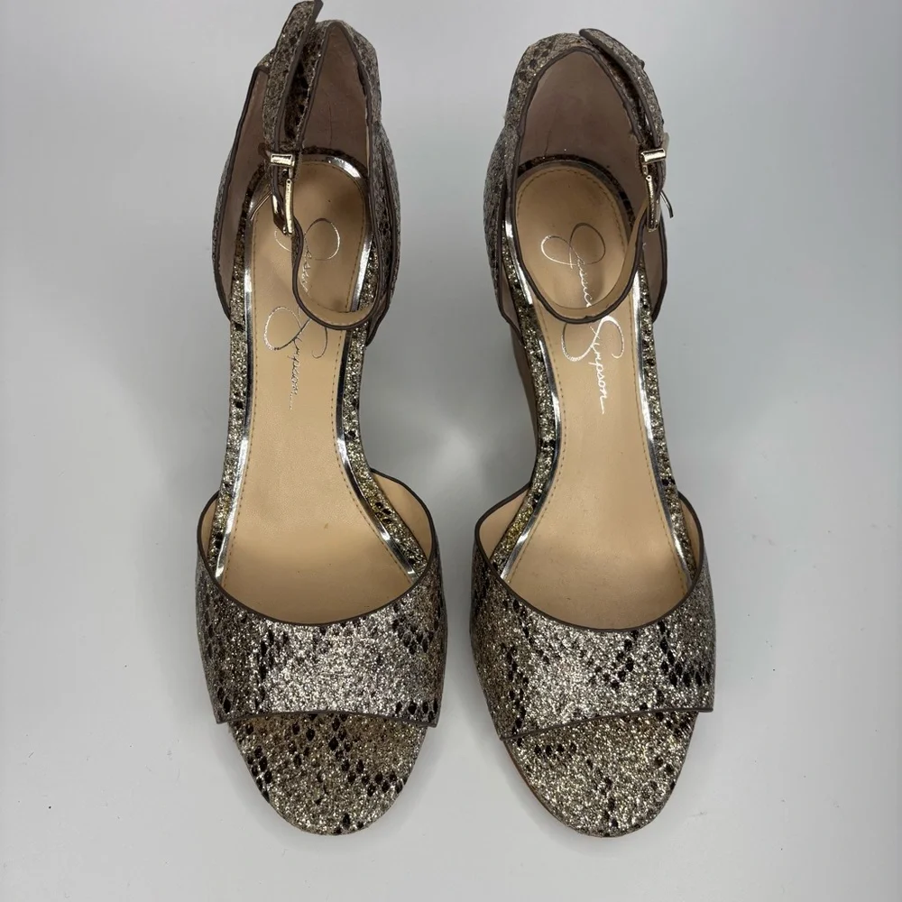 SH2 Jessica Simpson Cervena‎ Shimmery Snake Print Gold Wedge Party Sandals 8.5M