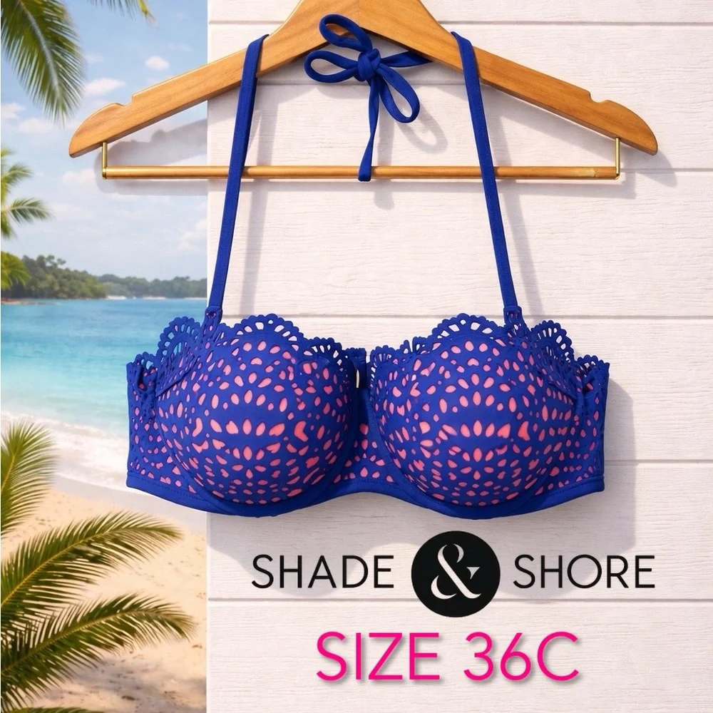 🦋💗 Shade & Shore Blue Pink Cutout Underwire Bikini 36C Push-up Lace Swim