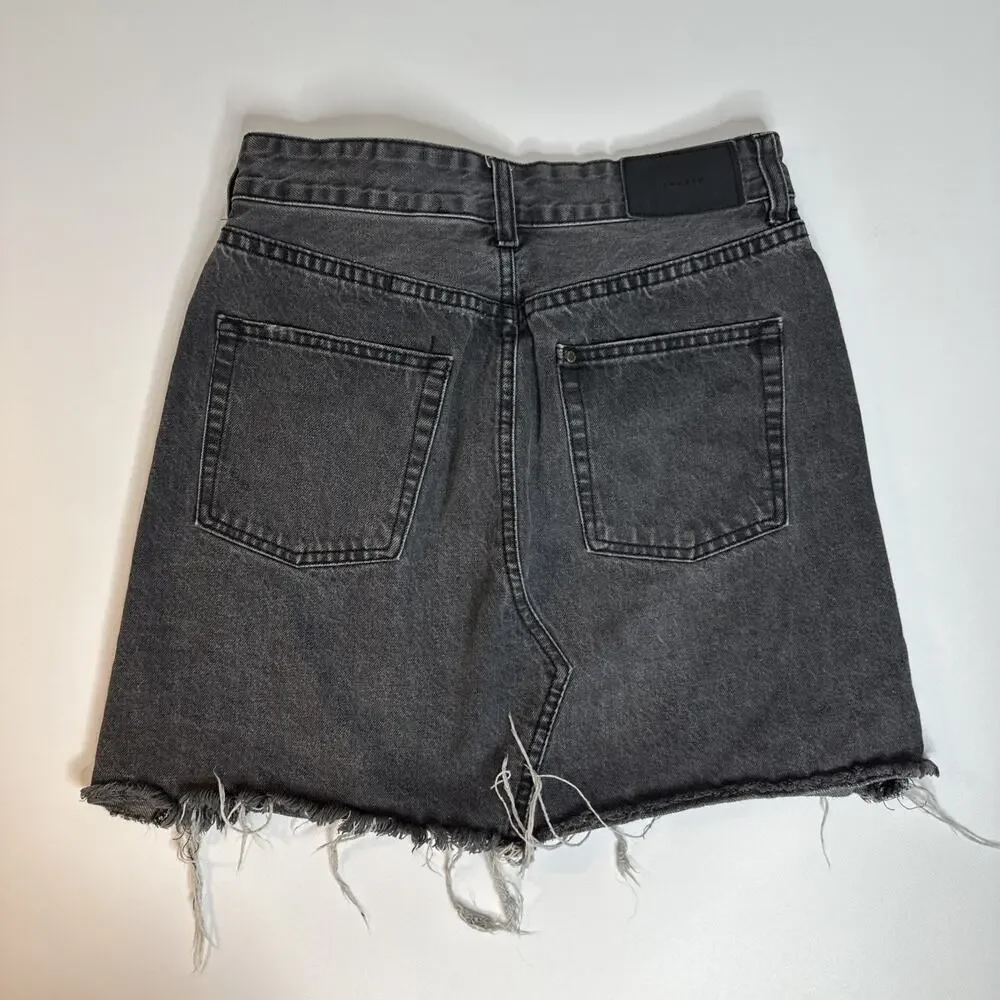 H&M Womens Size 4 Black Denim Mini Skirt High Waisted Distressed Frayed Jean