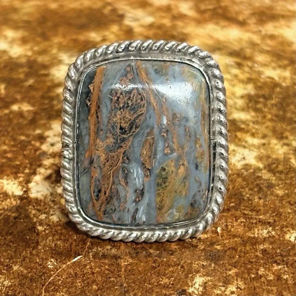 Sterling Silver and Pietersite Ring Size 8 w/ Roped Edges Vintage