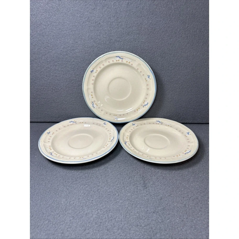 Aunt Rhody Goose Saucers Set of 3 Blue Bow Farmhouse Stoneware‎