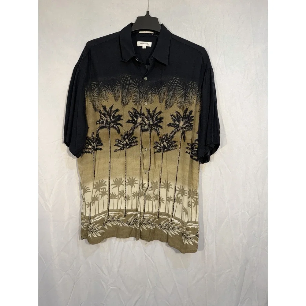 Vintage Men's Rayon Hawaiian‎ Short Sleeve Button Shirt L Palm Trees Beach