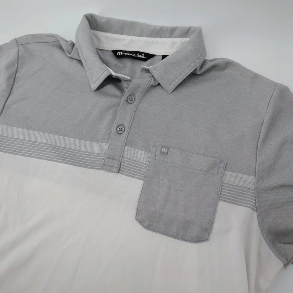 TravisMathew Polo Shirt Men Medium Gray White Colorblock Pocket Golf Casual Golf
