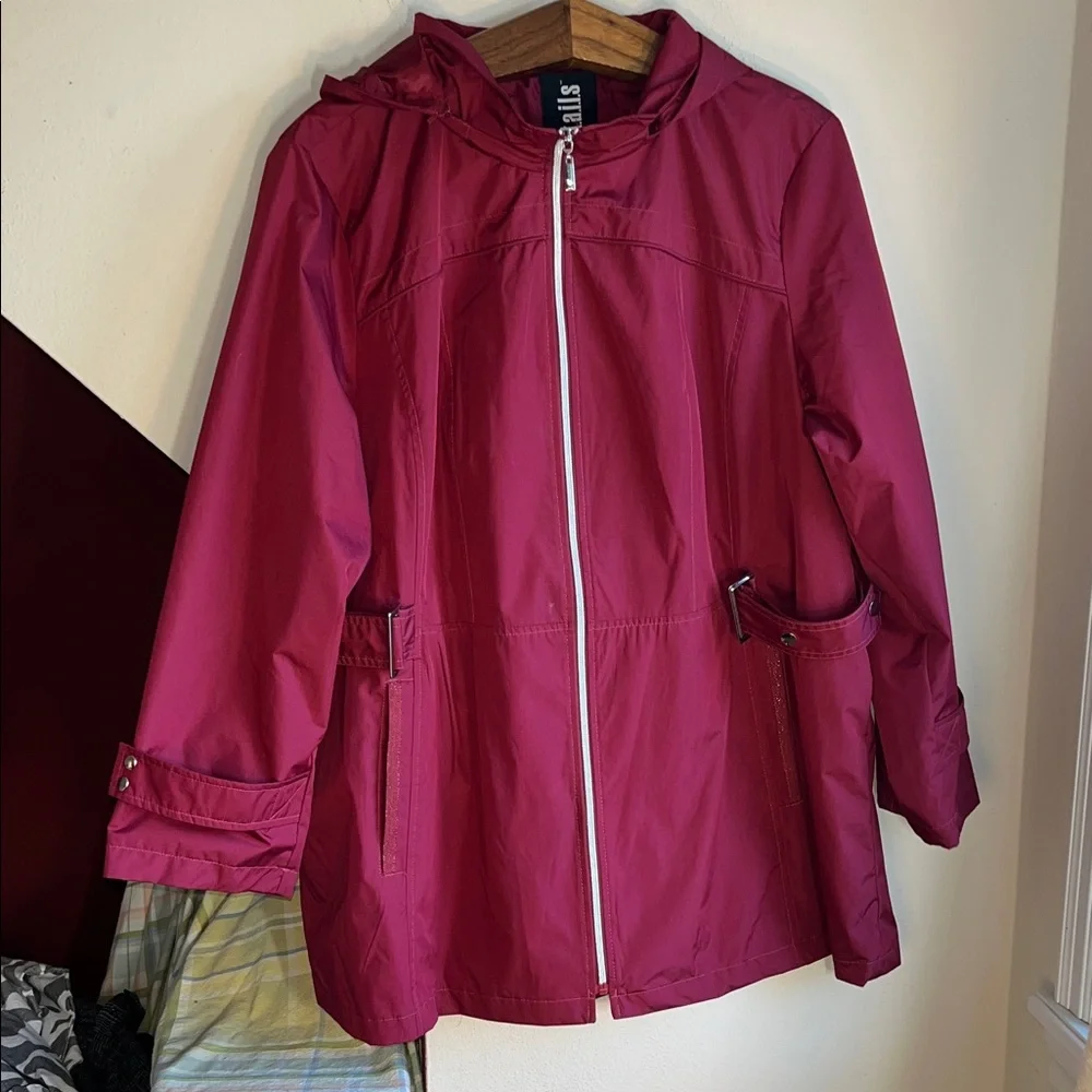 Details Intl Maroon Hooded and Belted Rain Jacket with Zipper 2X EUC‎