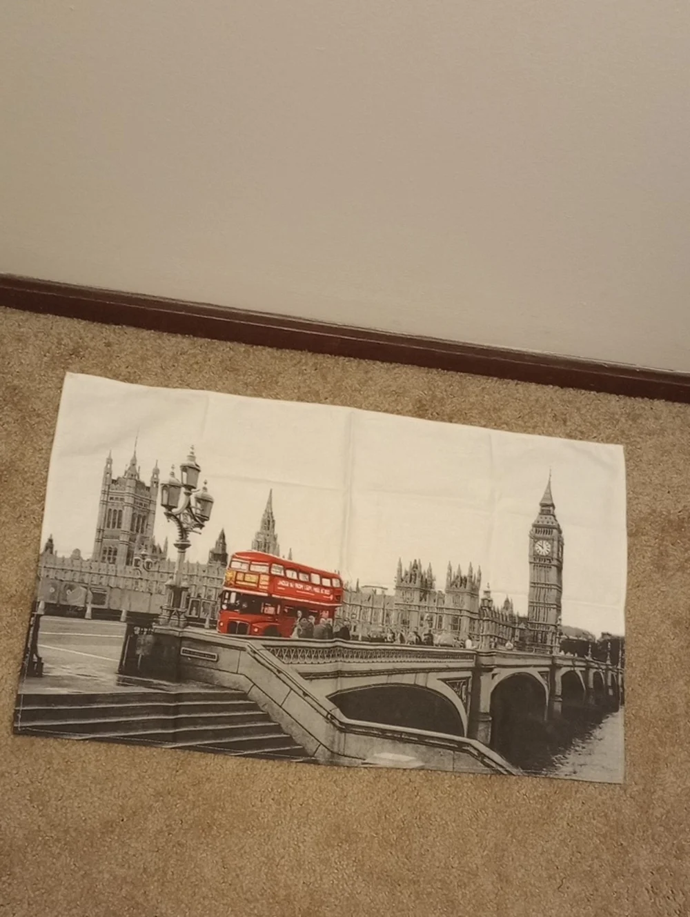 Tea Towel With Greyscale London Skyline With Red Double-Decker Bus