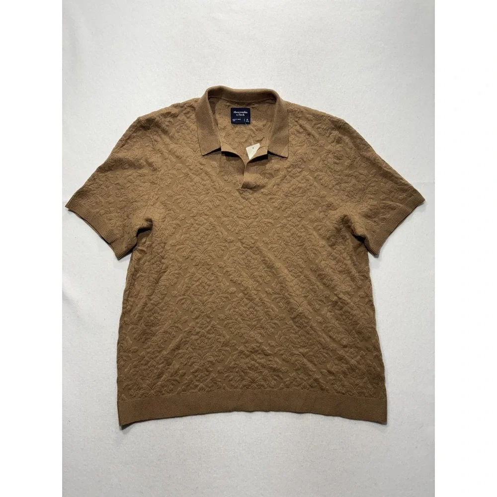 Abercrombie & Fitch Polo Shirt Mens XL Brown Jacquard Floral Knit Short Sleeve