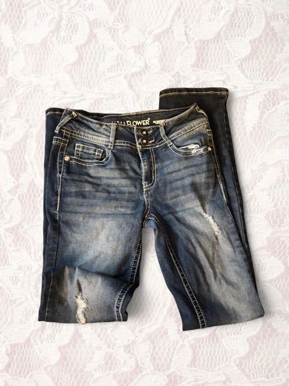 Wallflower Dark Blue Embroidered Flare Jeans