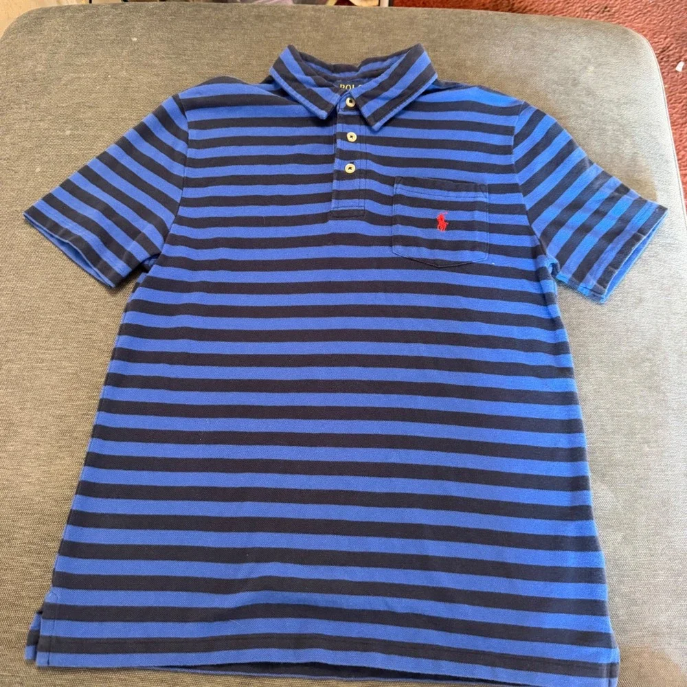 Polo Ralph Lauren Boys Blue Striped Short Sleeve Polo‎ Shirt Size L 14-16