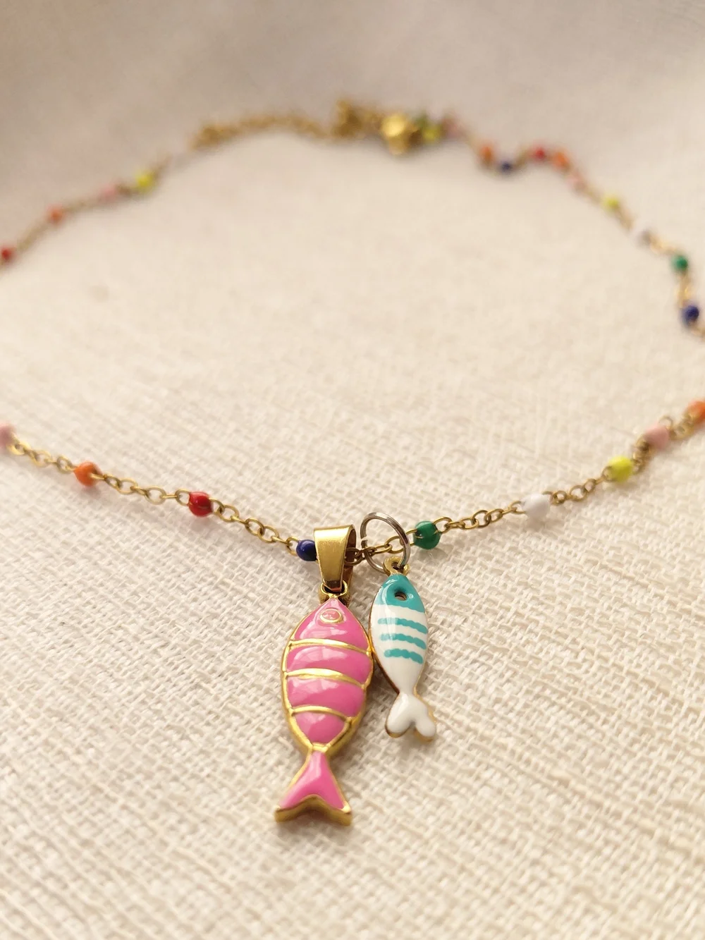 Boho Summer Fish Charm Seed Bead Necklace Gold Tone 17