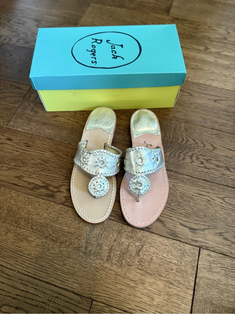 Jack Rogers Metallic Silver Leather Sandals with Signature Rondelle