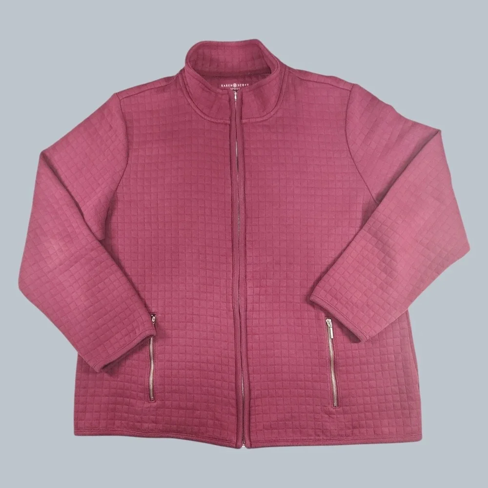 Karen Scott Sport Quilted Full Zip Jacket Burgundy Maroon Women's XL Mock Neck