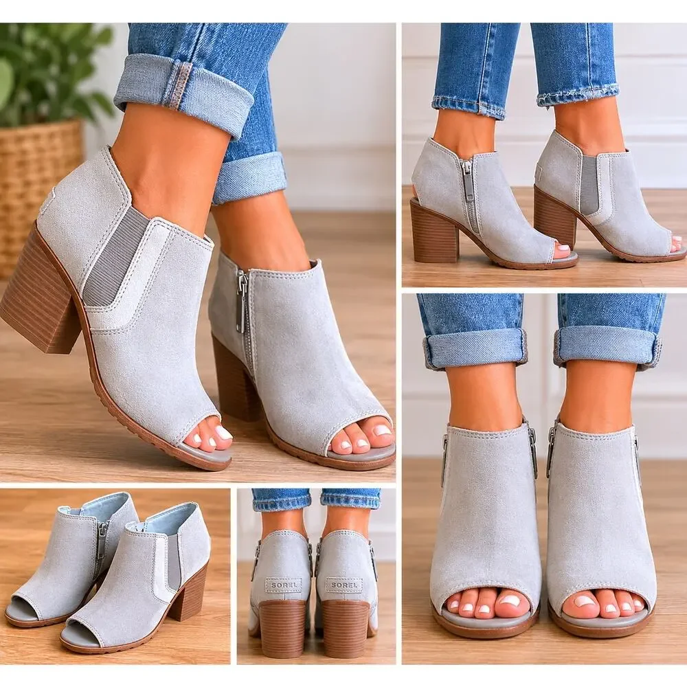 Sorel Gray Suede Peep‎ Toe Ankle Booties Block Heel Side Zip Women’s Size 9