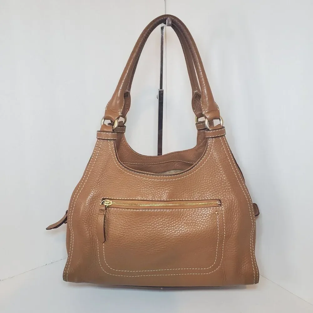 Cole Haan Dbl Handle Wide Barrel Purse Tan Pebbled Leather