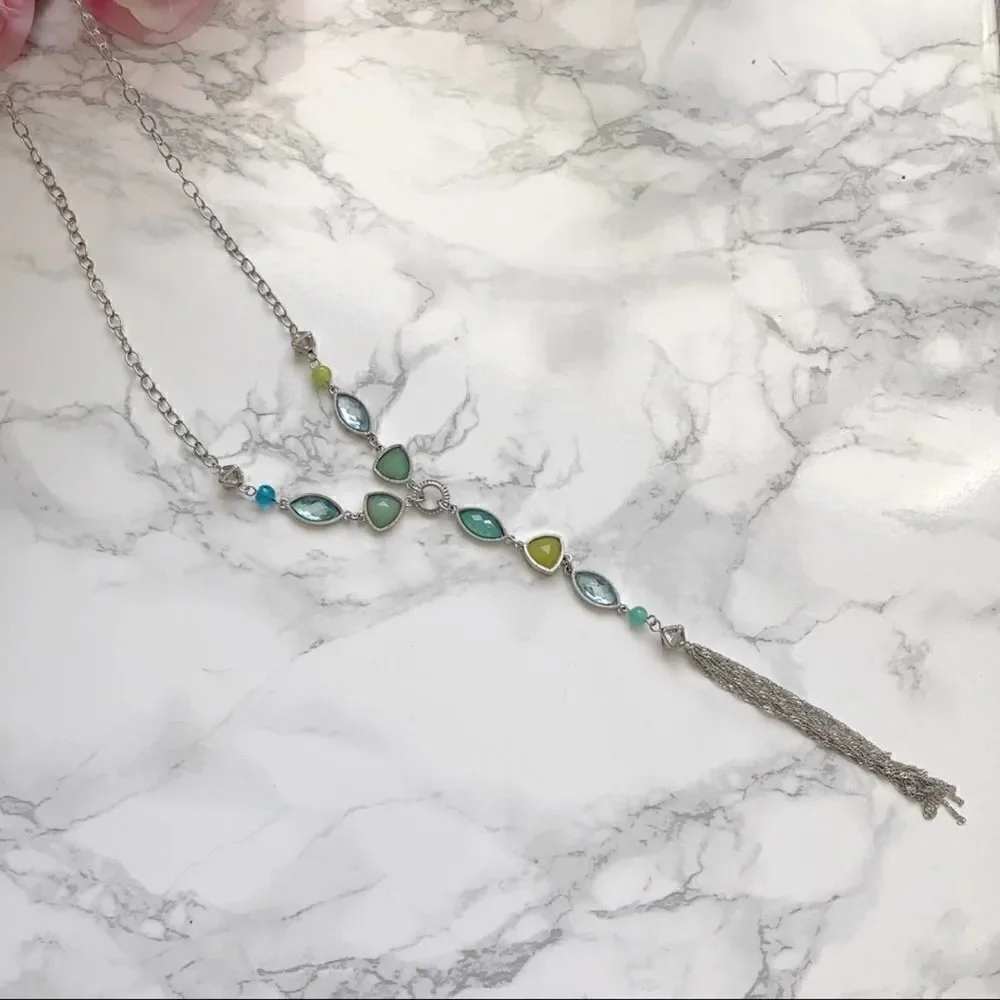 2/$30 Blue Green Gold Chain Necklace w matching dangle drop Earrings Set