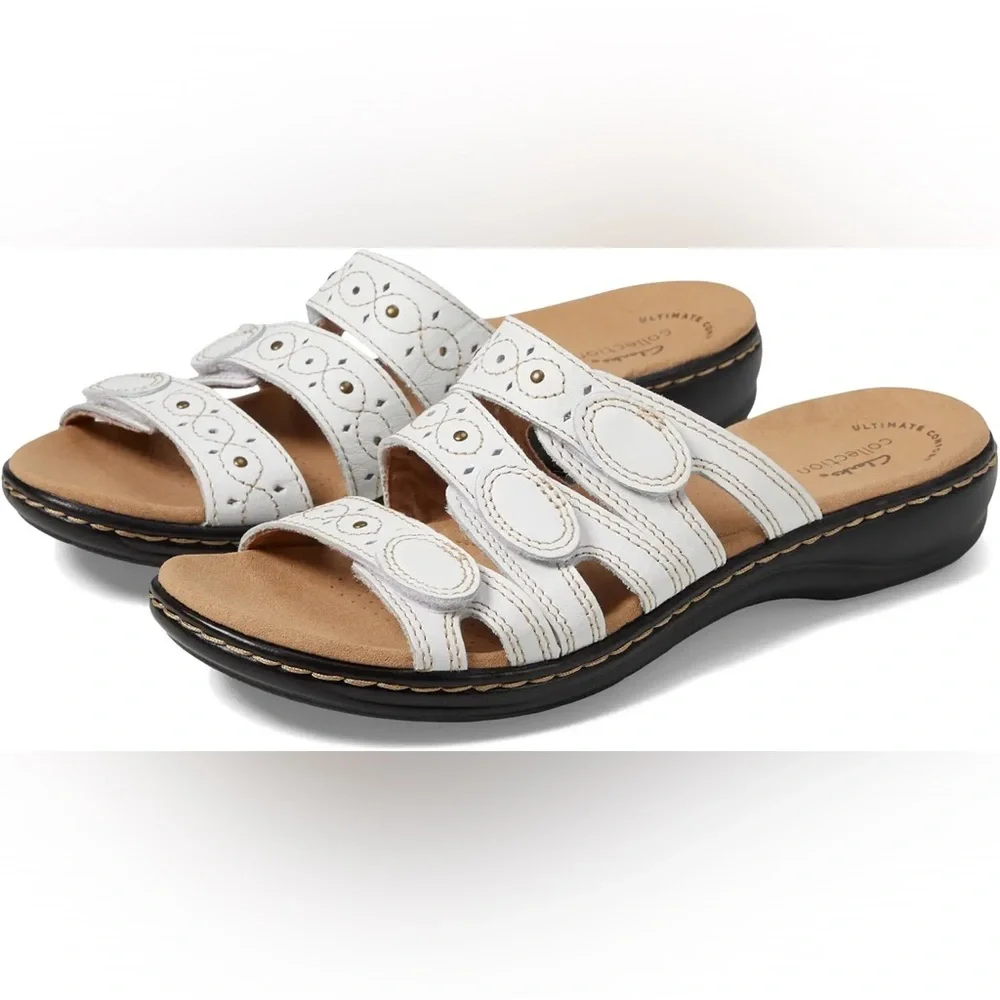 Clarks‎ Women's Leisa Cacti Q Slide Sandals in White Leather Comfort Size 8