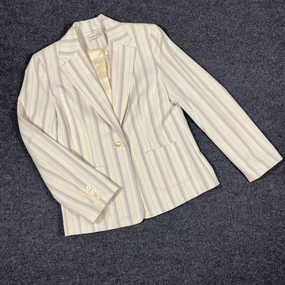 Amanda Smith Womens Pinstripe Blazer Ivory‎ Navy Single Button Stretch Jacket 6