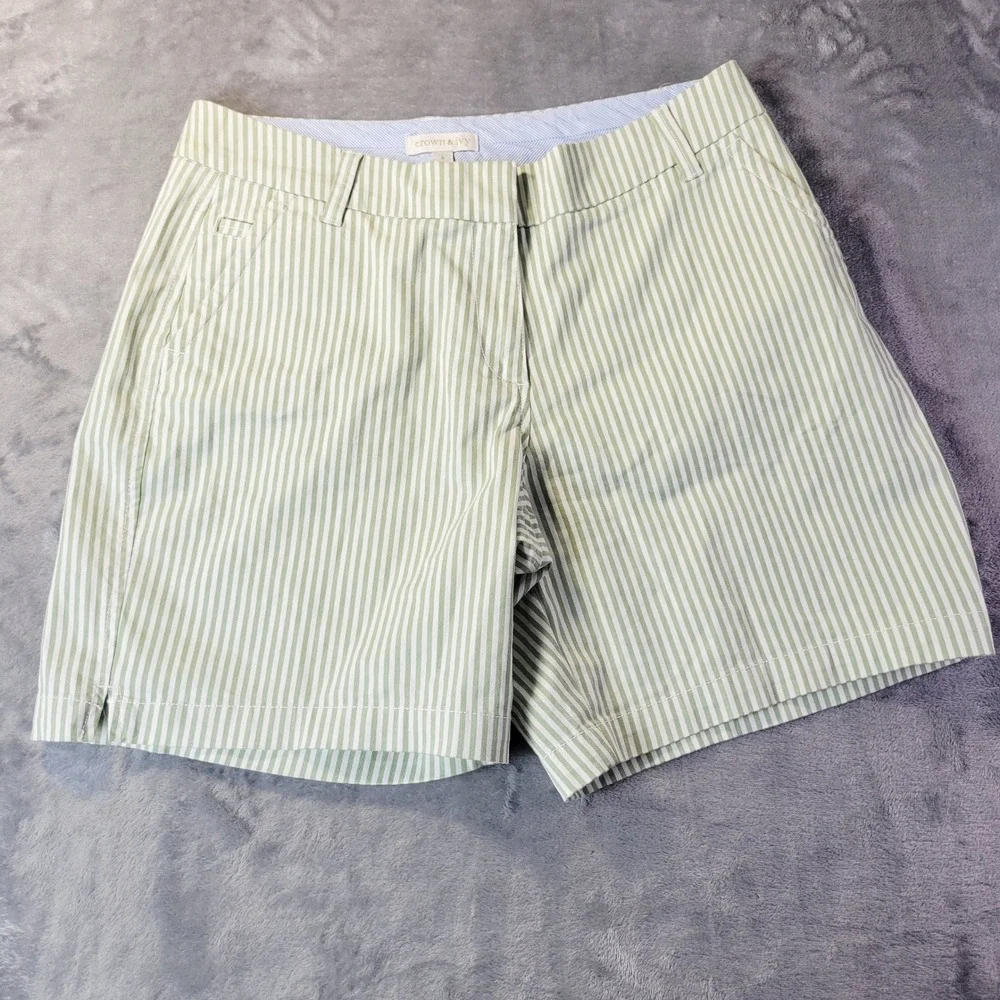 Crown & Ivy Womens 6 Green White Striped Shorts High Rise Cotton‎ Stretch Preppy